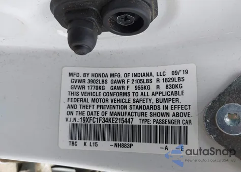 2019 Honda Civic Ex from USA, damaged, VIN 19XFC1F34KE215447